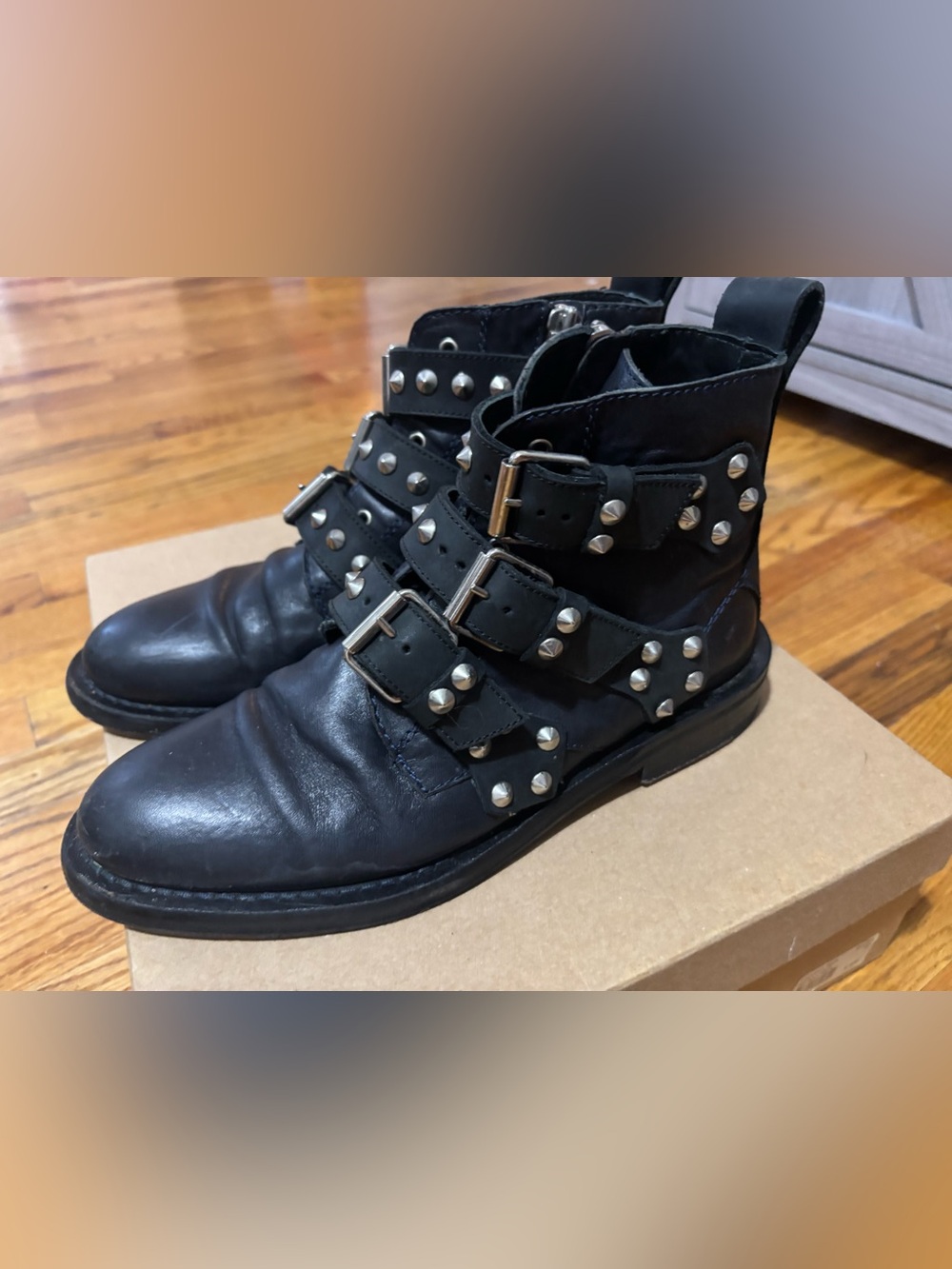 Zadig and Voltaire Navy Laureen Spike Studded Buckle Ankle Boots size 40